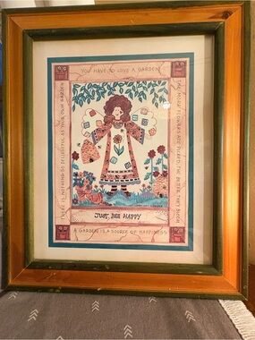 Carol Eldridge vintage Framed 'Just Bee Happy' Folk Art Print in Teal and Pink